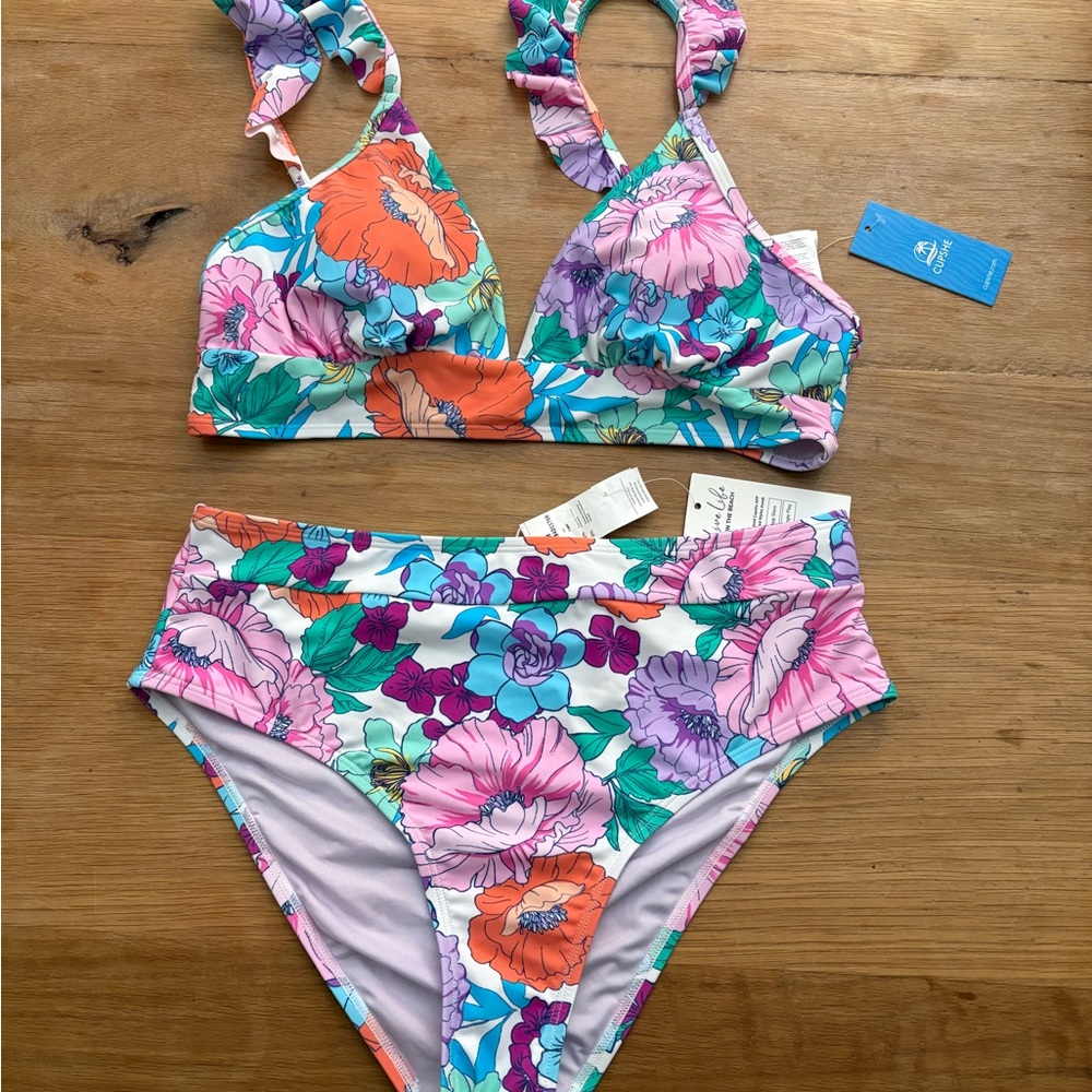 Cupshe Colorful Floral Bikini Set - Purple and Orange